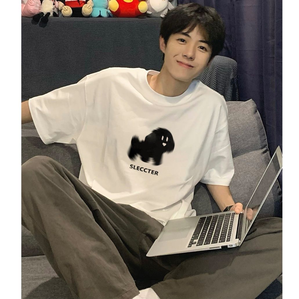 白Tシャツ メンズ もふもふ犬イラスト入り丸首シャツ