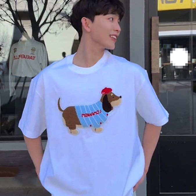 白Tシャツ メンズ おしゃれダックスフンド プリント半袖