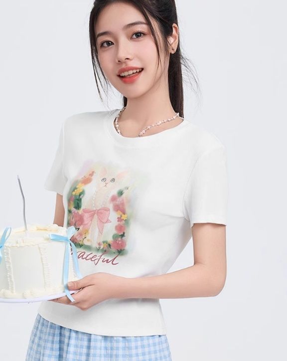 白Tシャツ レディース 優美な猫柄プリント半袖カットソー