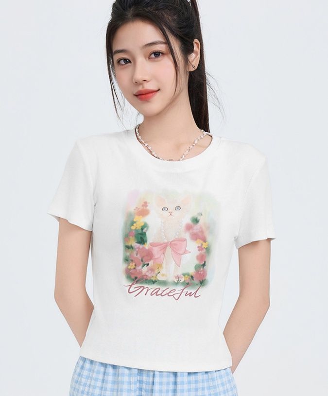 白Tシャツ レディース 優美な猫柄プリント半袖カットソー