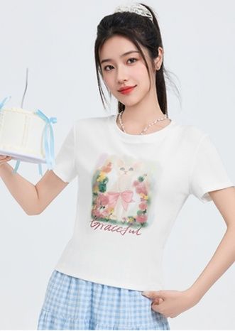 白Tシャツ レディース 優美な猫柄プリント半袖カットソー