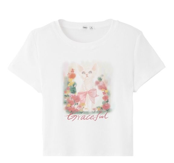 白Tシャツ レディース 優美な猫柄プリント半袖カットソー