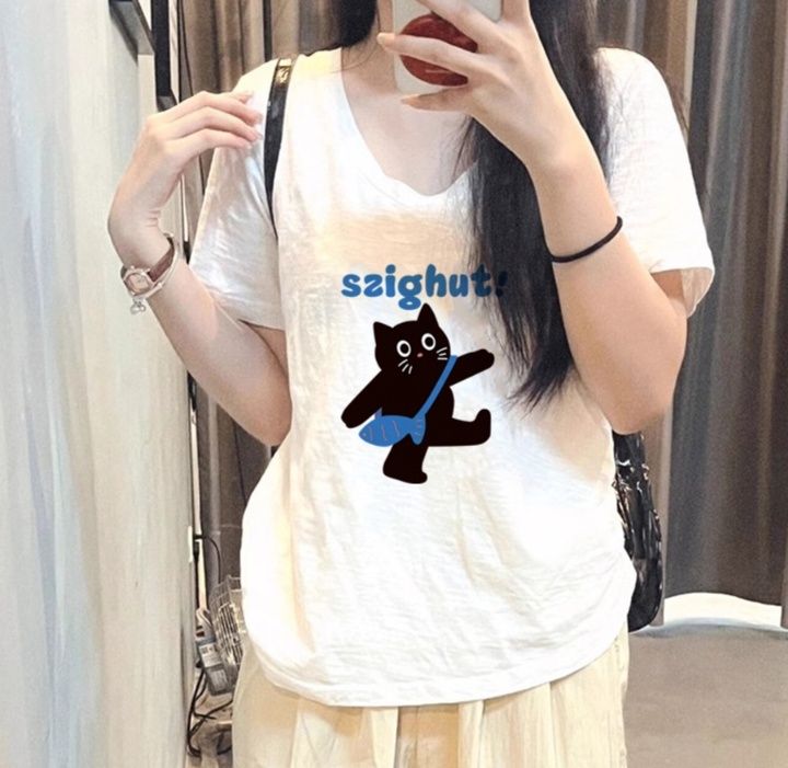 白Tシャツ レディース 遊び猫プリント半袖Vネックトップス