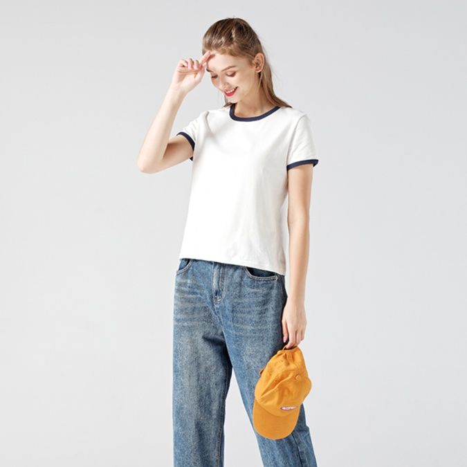 白Tシャツ レディース  配色リブ襟 シンプル半袖カットソー