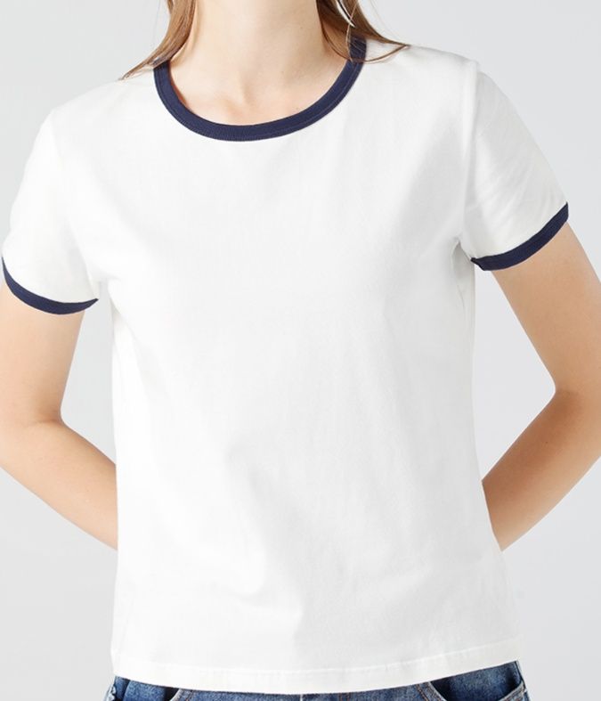 白Tシャツ レディース  配色リブ襟 シンプル半袖カットソー