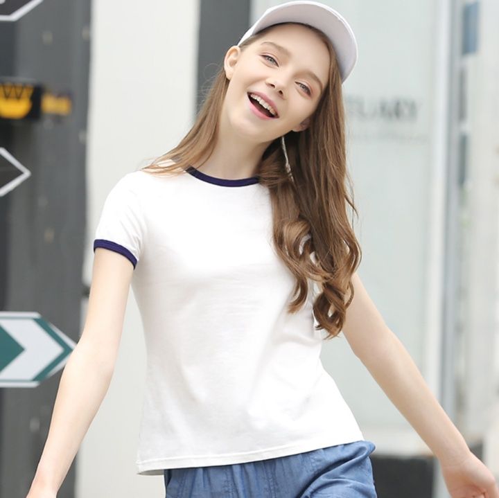白Tシャツ レディース  配色リブ襟 シンプル半袖カットソー