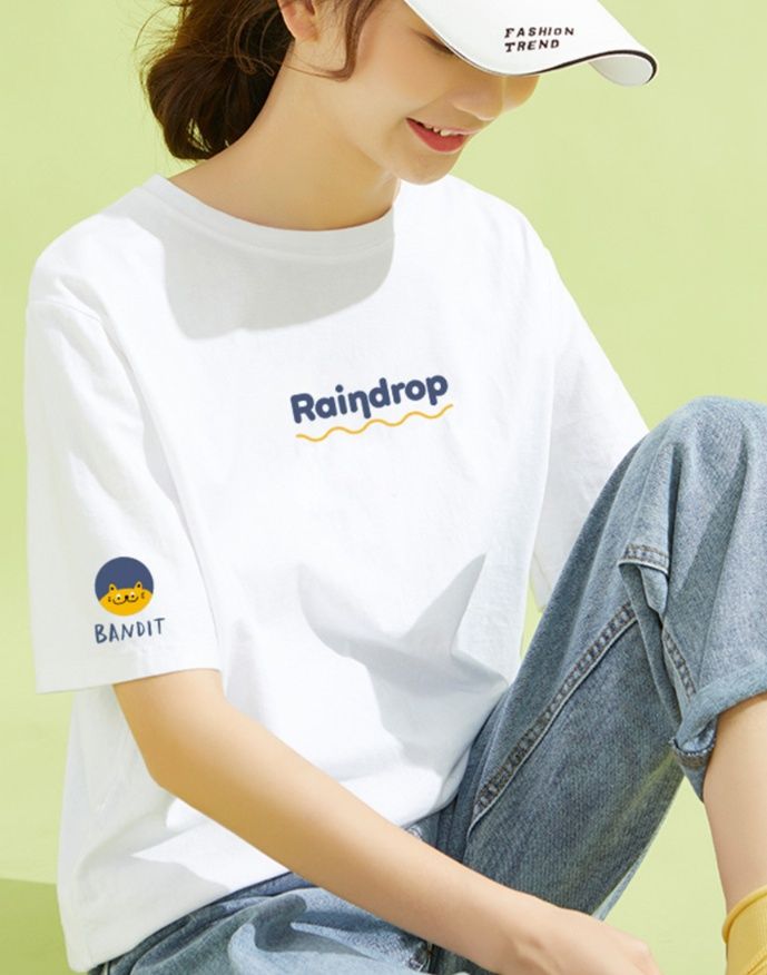白Tシャツ レディース しずく柄プリント半袖カットソー