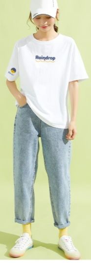 白Tシャツ レディース しずく柄プリント半袖カットソー
