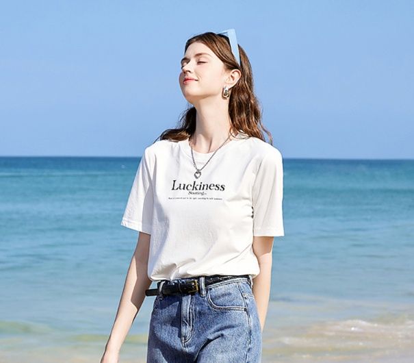 白Tシャツ レディース シンプル幸運メッセージ半袖