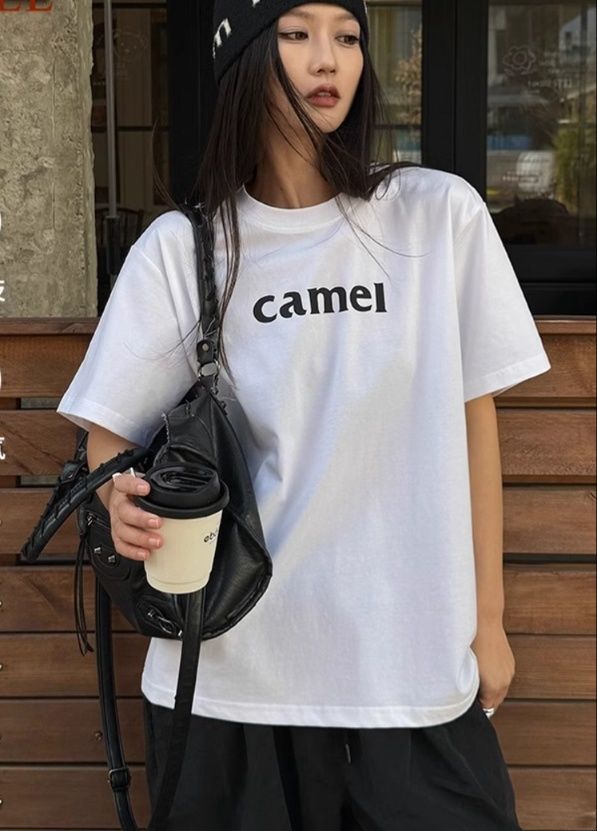 白Tシャツ レディース シンプルロゴプリント半袖カットソー