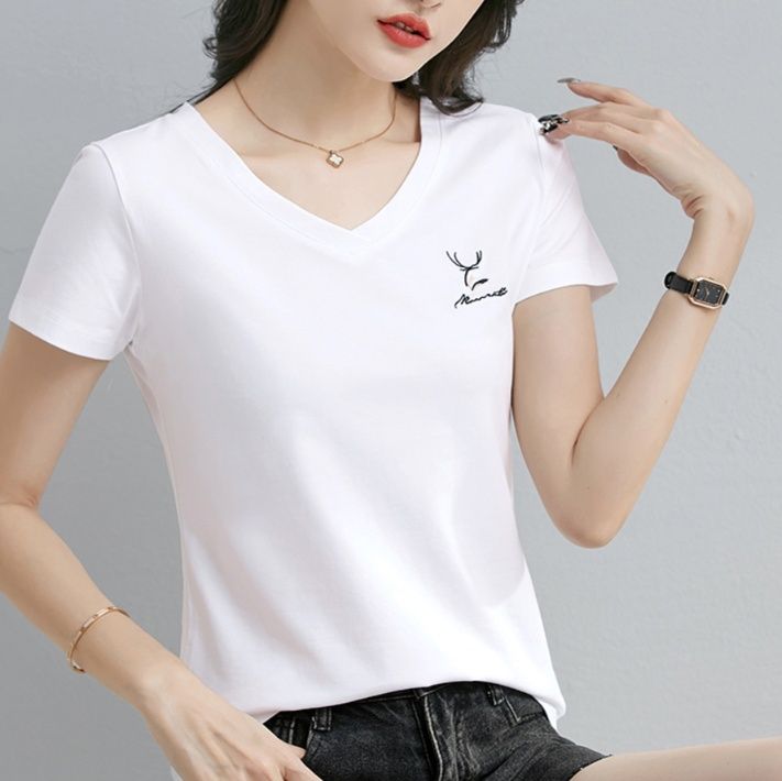 白Tシャツ レディース シンプル清楚な鹿モチーフ半袖