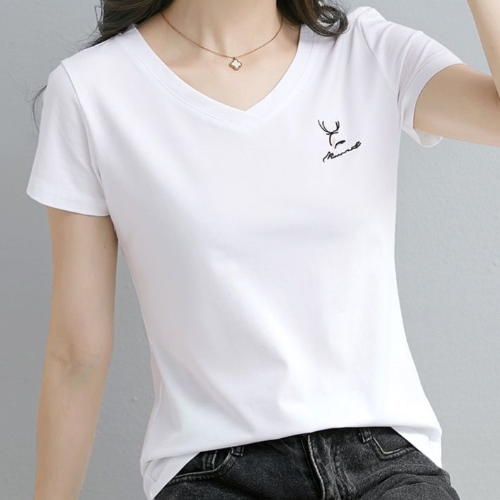 白Tシャツ レディース シンプル清楚な鹿モチーフ半袖