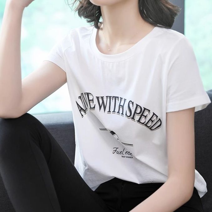 白Tシャツ レディース 洗練メッセージロゴプリント半袖