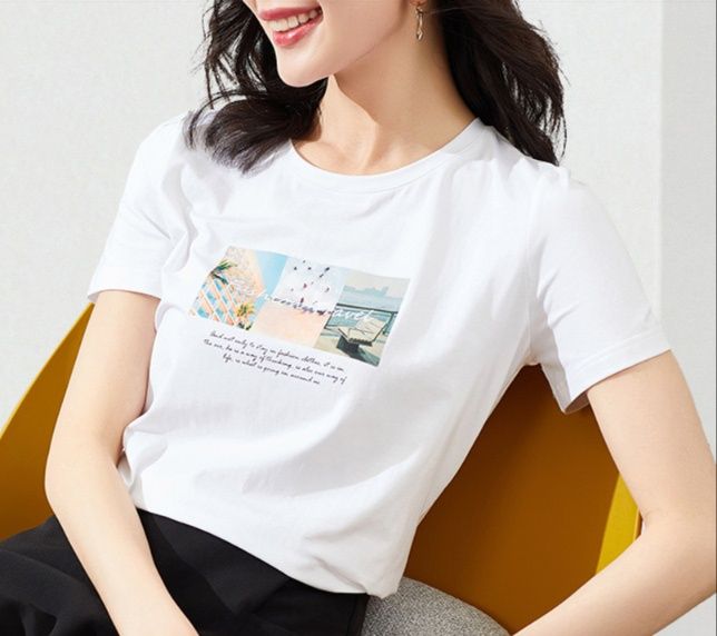 白Tシャツ レディース 風景フォトプリント半袖カットソー