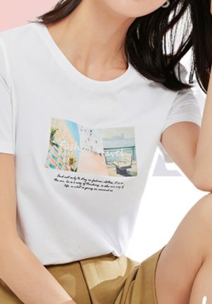 白Tシャツ レディース 風景フォトプリント半袖カットソー