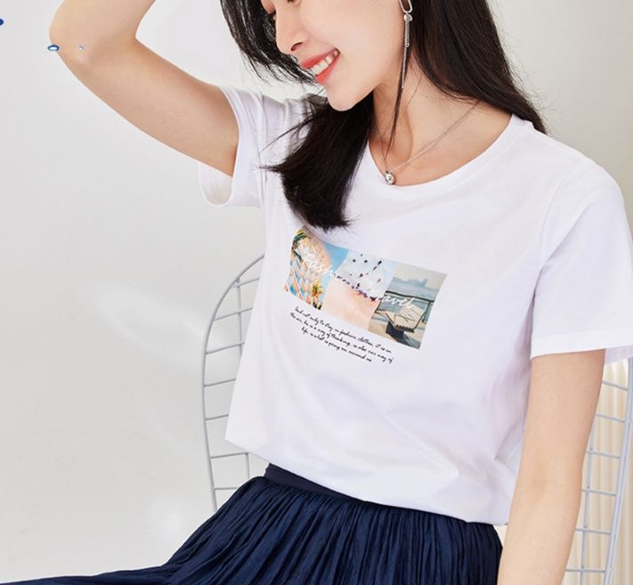 白Tシャツ レディース 風景フォトプリント半袖カットソー