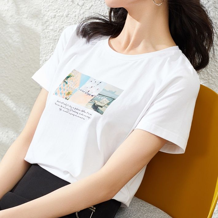 白Tシャツ レディース 風景フォトプリント半袖カットソー