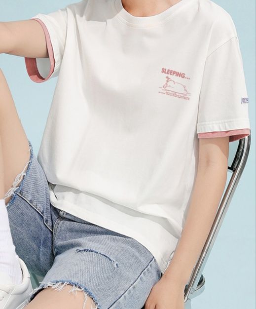 白Tシャツ レディース おやすみモチーフ配色リブ付きカットソー