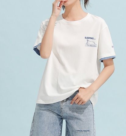 白Tシャツ レディース おやすみモチーフ配色リブ付きカットソー