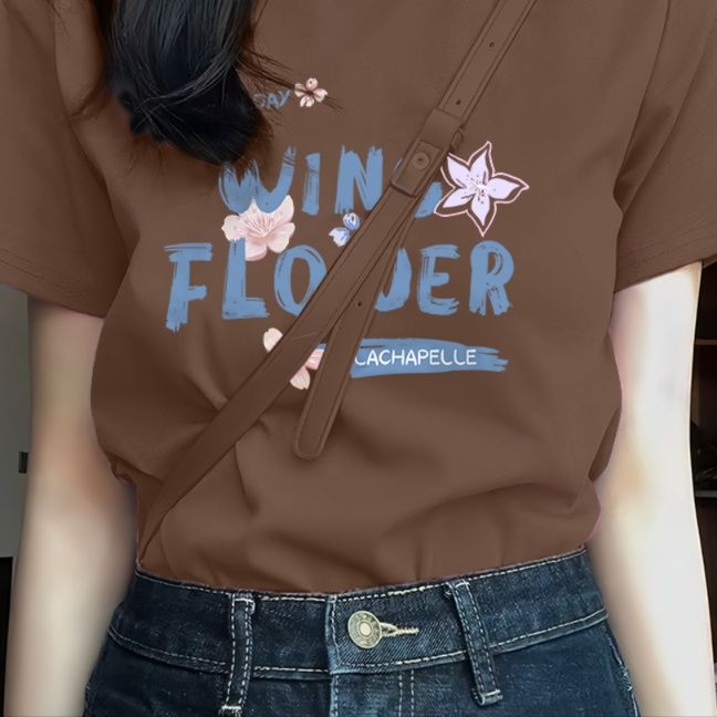 白Tシャツ レディース 花柄プリント半袖リラックスシルエット