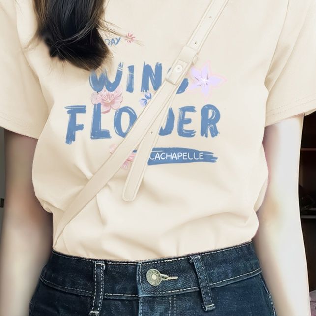白Tシャツ レディース 花柄プリント半袖リラックスシルエット