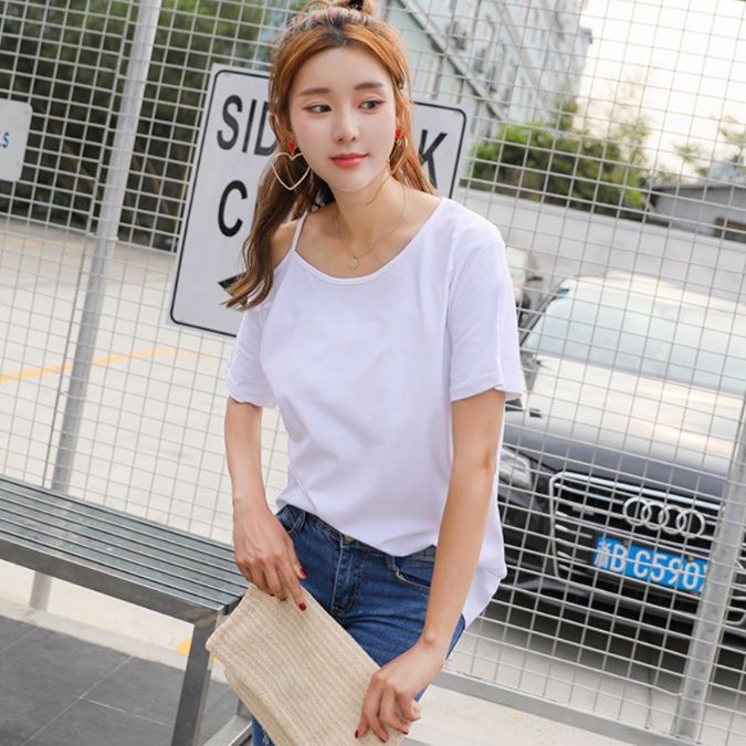 白Tシャツ レディース アシンメトリー肩見せ