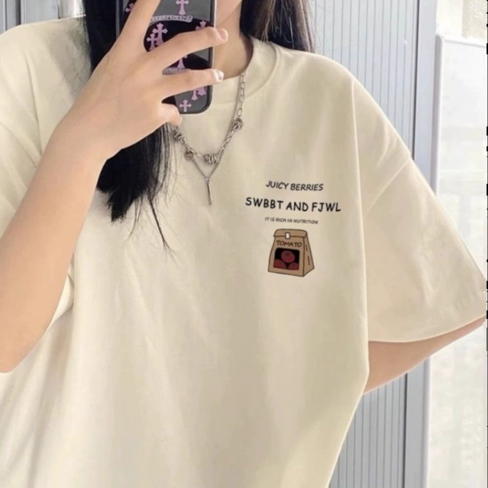 白Tシャツ レディース 果物イラストゆったりシルエット