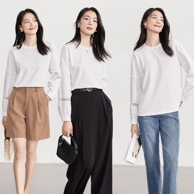 白Tシャツ レディース レース袖デザイン上品カットソー