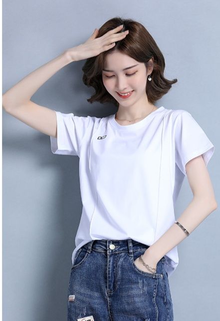 白Tシャツ レディース シンプル丸首ワンポイント半袖