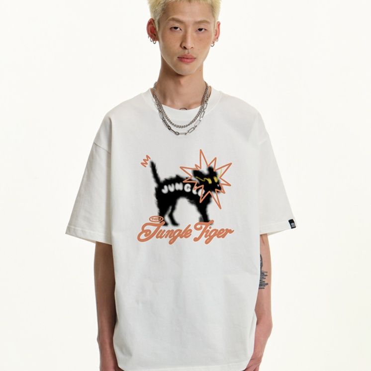 白Tシャツ メンズ 遊び心溢れる猫グラフィック半袖