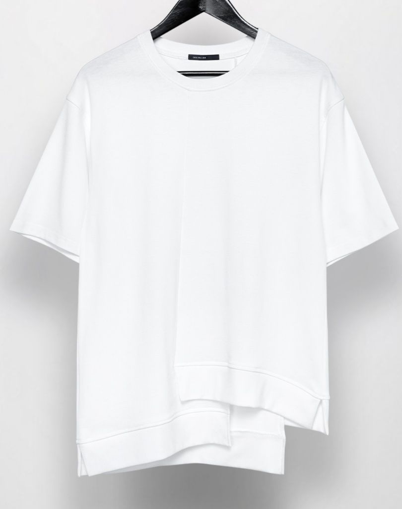 白Tシャツ メンズ 非対称裾デザイン半袖シャツ