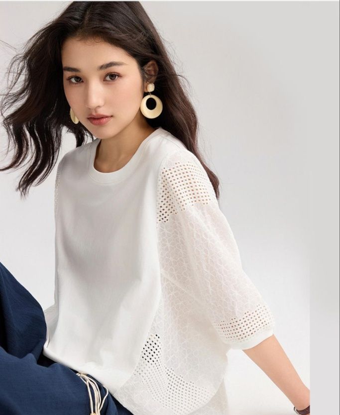 白Tシャツ レディース 透かし編み七分袖デザイントップス