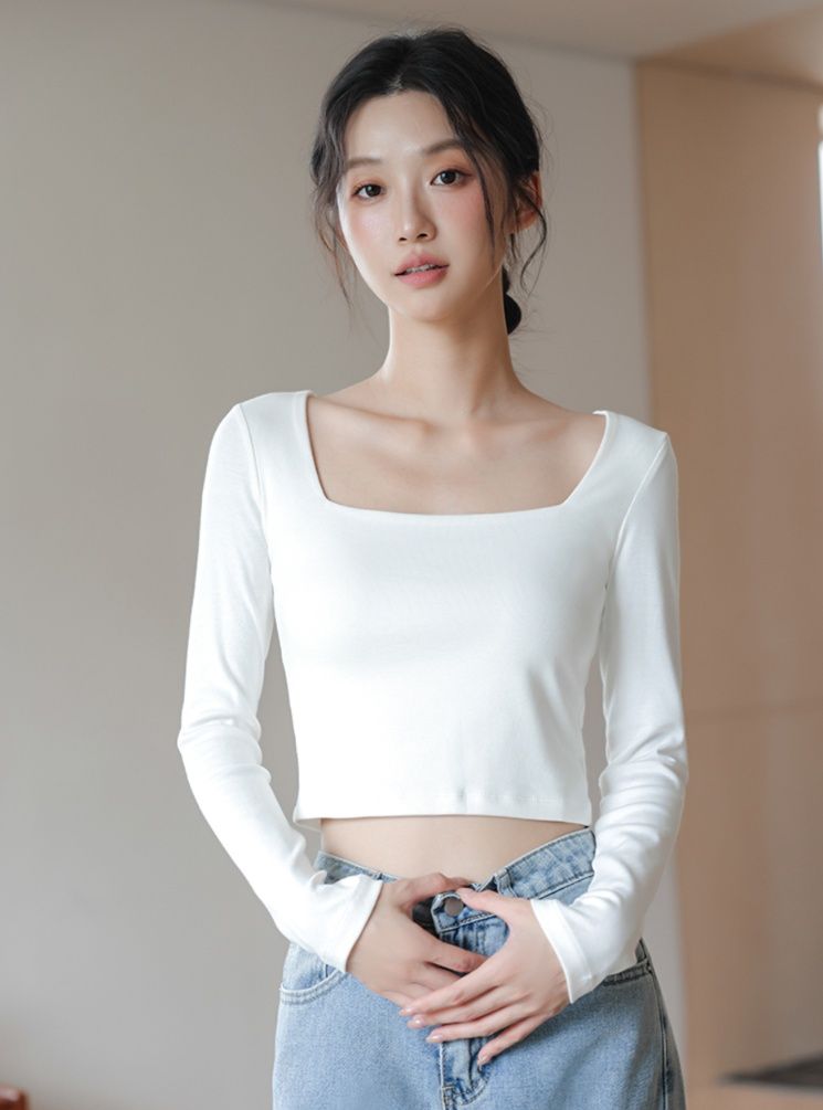 白Tシャツ レディース スクエアネックショート丈トップス