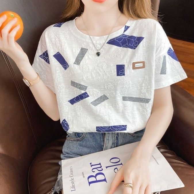 白Tシャツ レディース 幾何学模様の刺繍入り丸首半袖