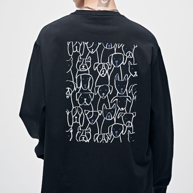 白Tシャツ メンズ わんこイラスト長袖ゆるシルエット