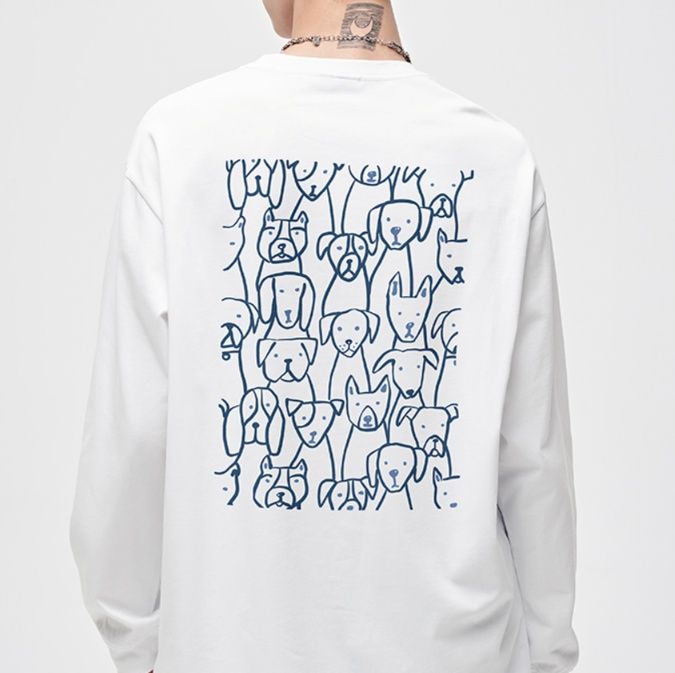 白Tシャツ メンズ わんこイラスト長袖ゆるシルエット