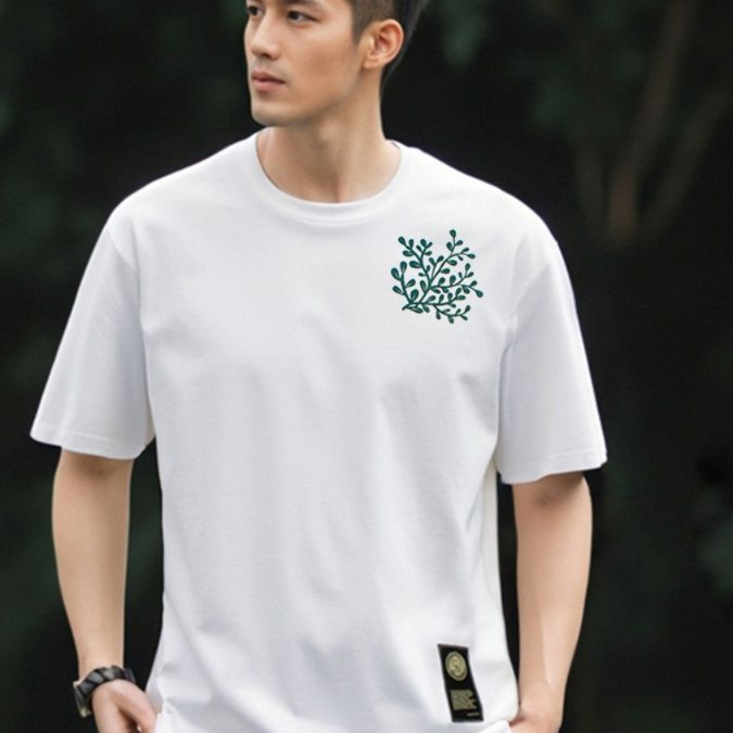 白Tシャツ メンズ 葉模様刺繍入り天然綿半袖