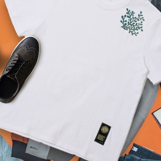 白Tシャツ メンズ 葉模様刺繍入り天然綿半袖