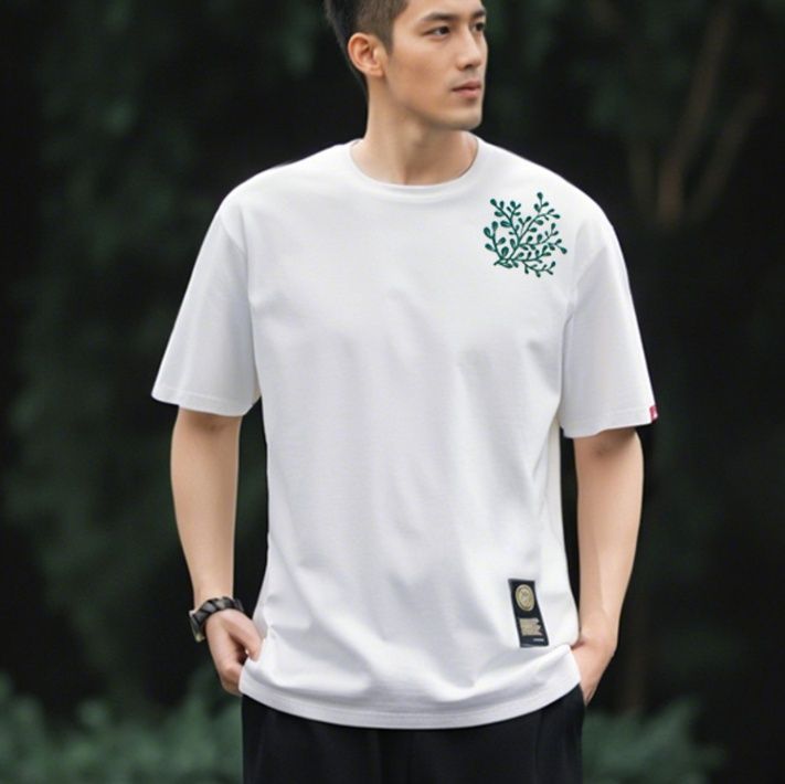 白Tシャツ メンズ 葉模様刺繍入り天然綿半袖