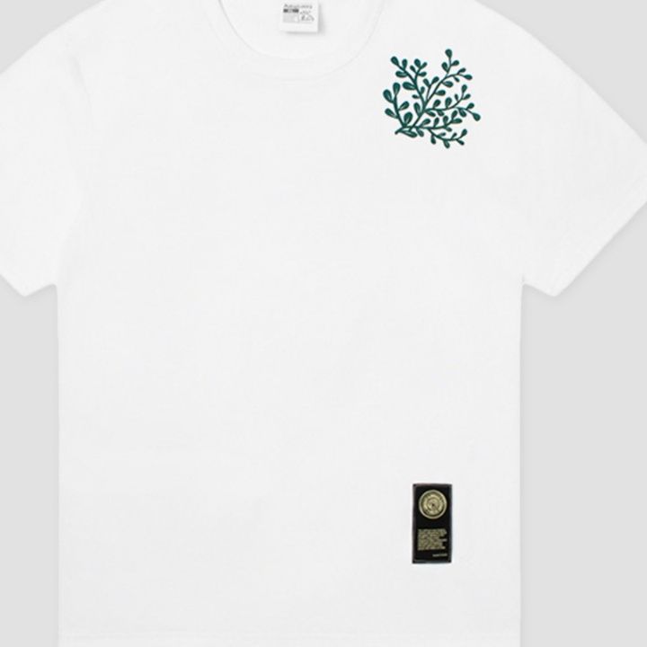白Tシャツ メンズ 葉模様刺繍入り天然綿半袖
