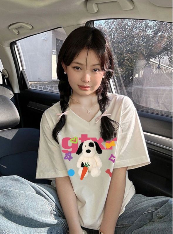 白Tシャツ レディース ゆるかわいぬプリント半袖シャツ