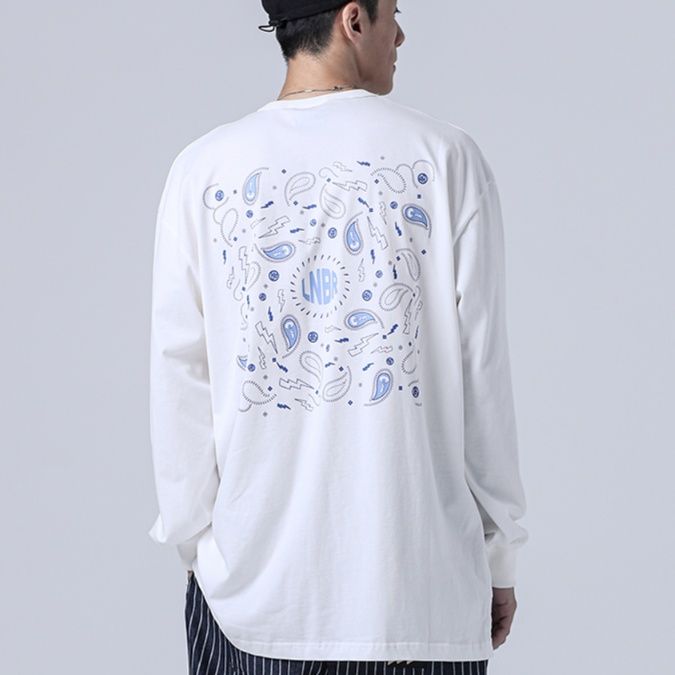 白Tシャツ メンズ ゆったりペイズリー柄ポケット長袖