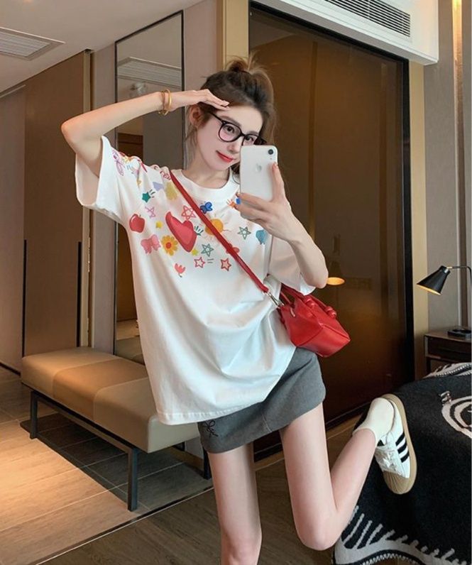 白Tシャツ レディース フルーツモチーフプリントゆったりシャツ