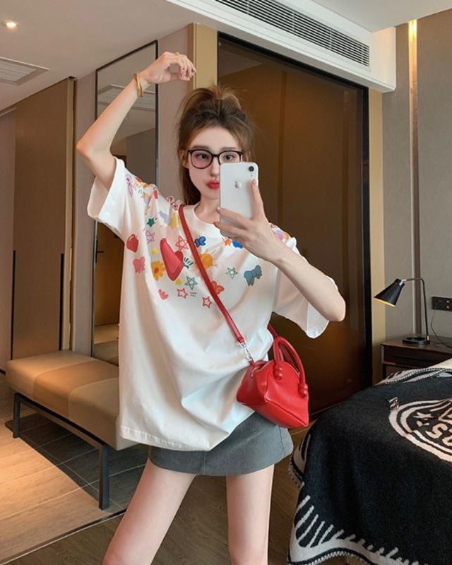 白Tシャツ レディース フルーツモチーフプリントゆったりシャツ