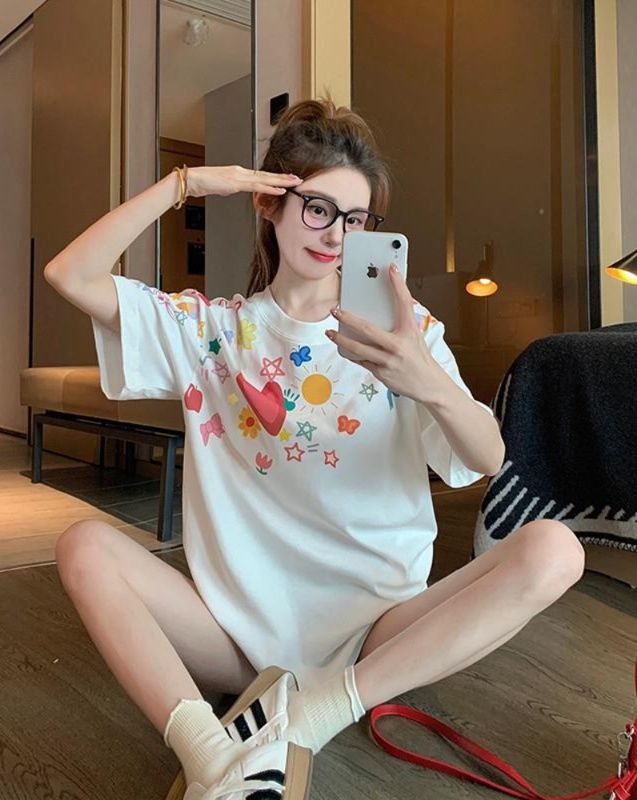 白Tシャツ レディース フルーツモチーフプリントゆったりシャツ