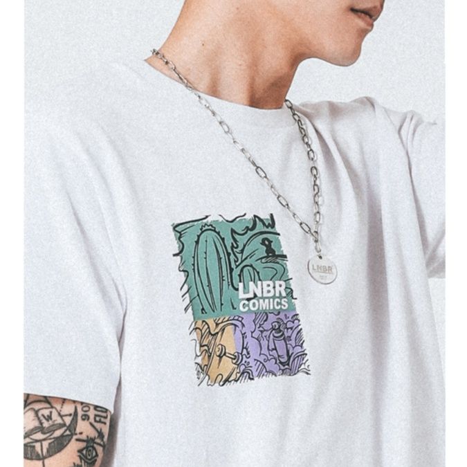 白Tシャツ メンズ パステルイラスト入り半袖カットソー
