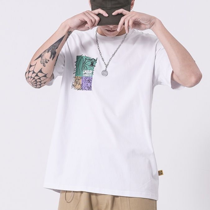 白Tシャツ メンズ パステルイラスト入り半袖カットソー