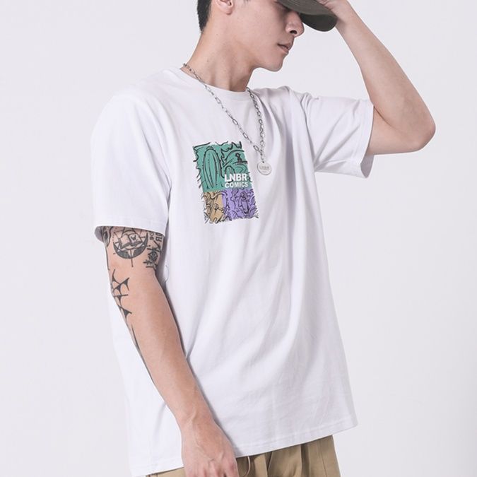 白Tシャツ メンズ パステルイラスト入り半袖カットソー