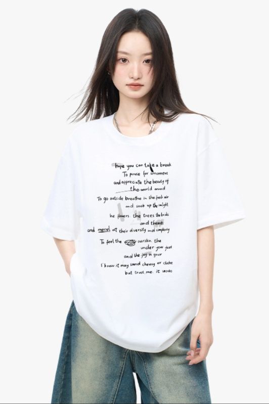 白Tシャツ レディース 詩情あふれるメッセージプリント半袖