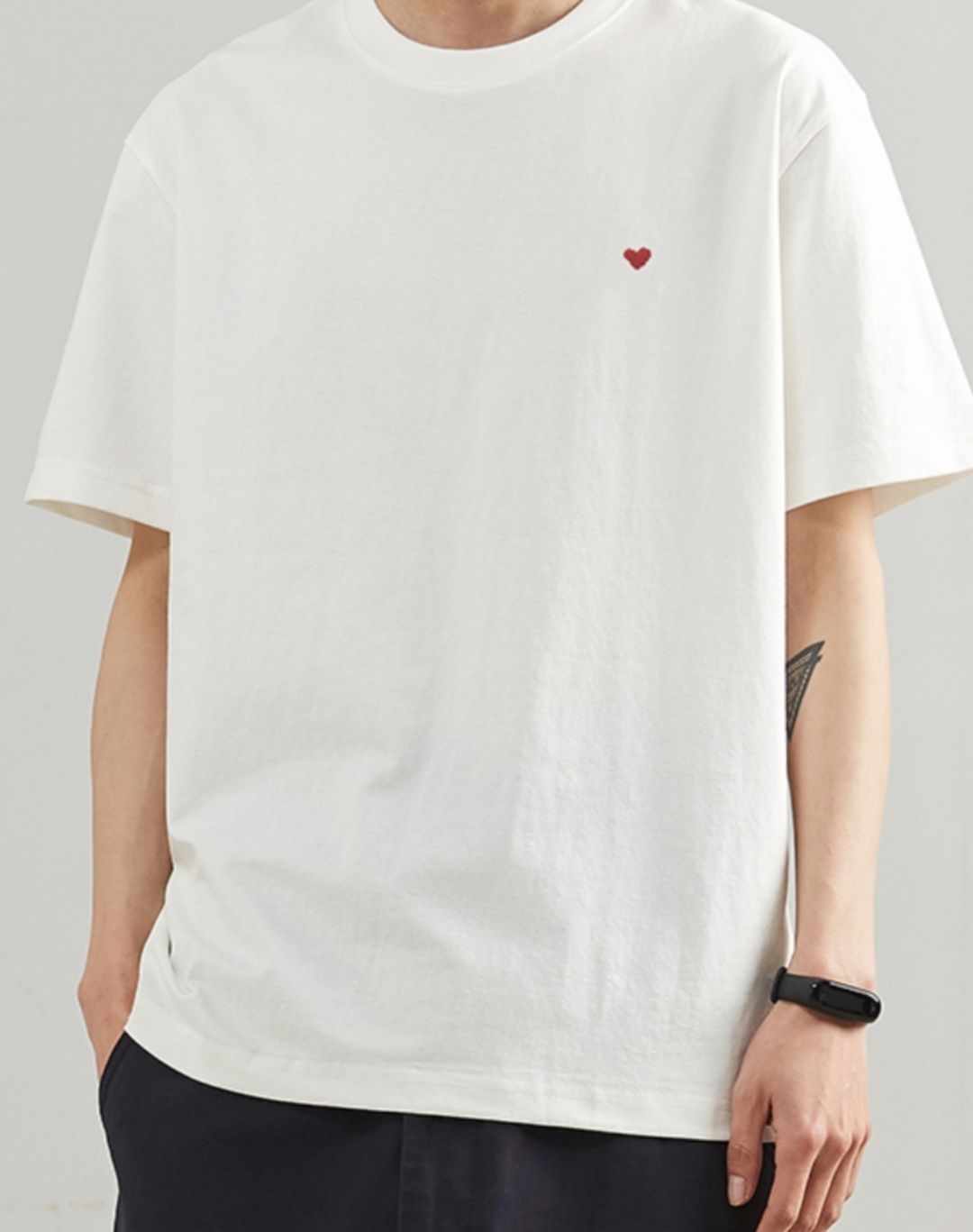 白Tシャツ メンズ ハート刺繍入り半袖純綿天竺